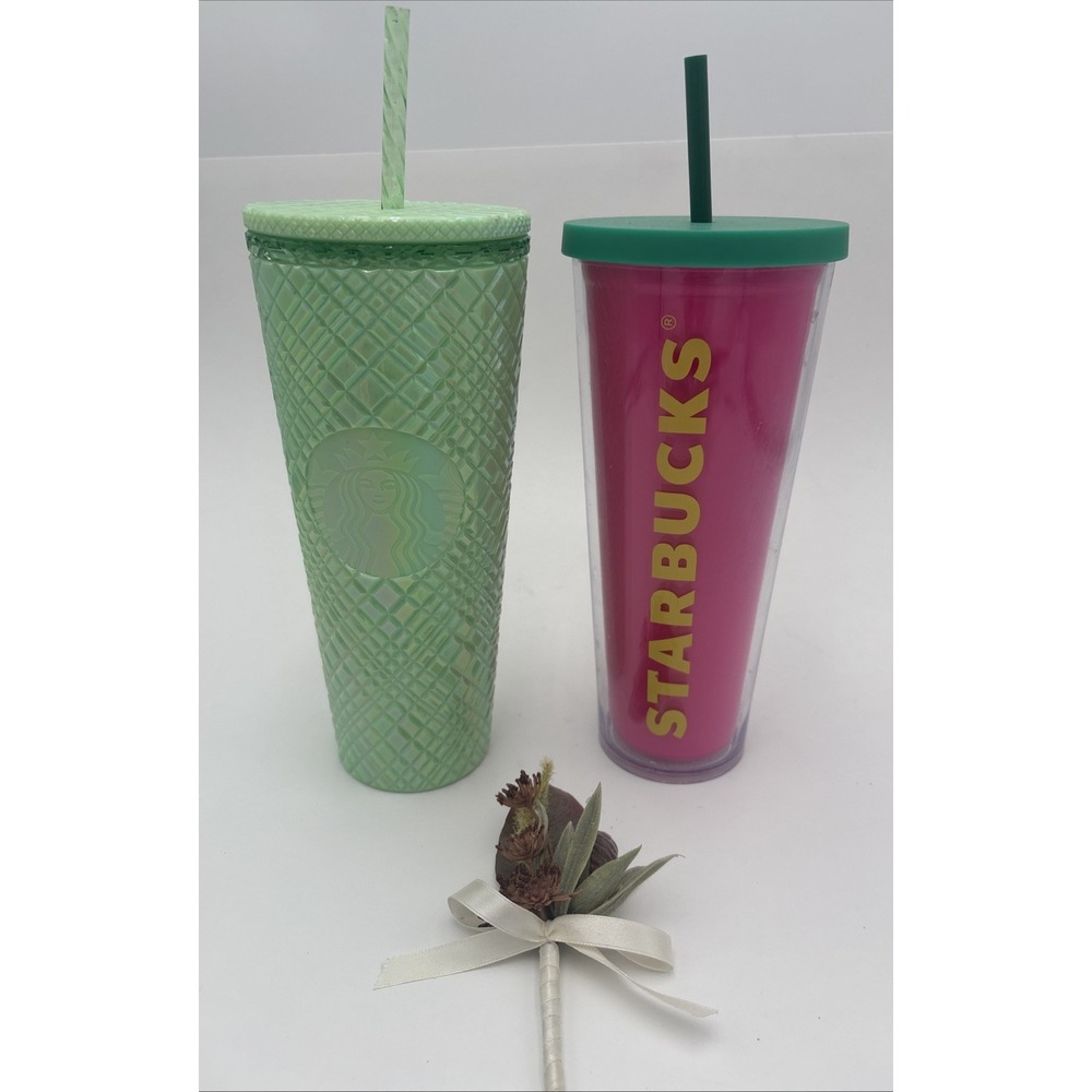 Starbucks Studded Acrylic Tumbler Cups 24 oz Lot of 2 Purple Green Straws